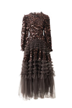 Burgundy Sequin Ruffled Tulle Tiered Maxi Evening Dress SP10016