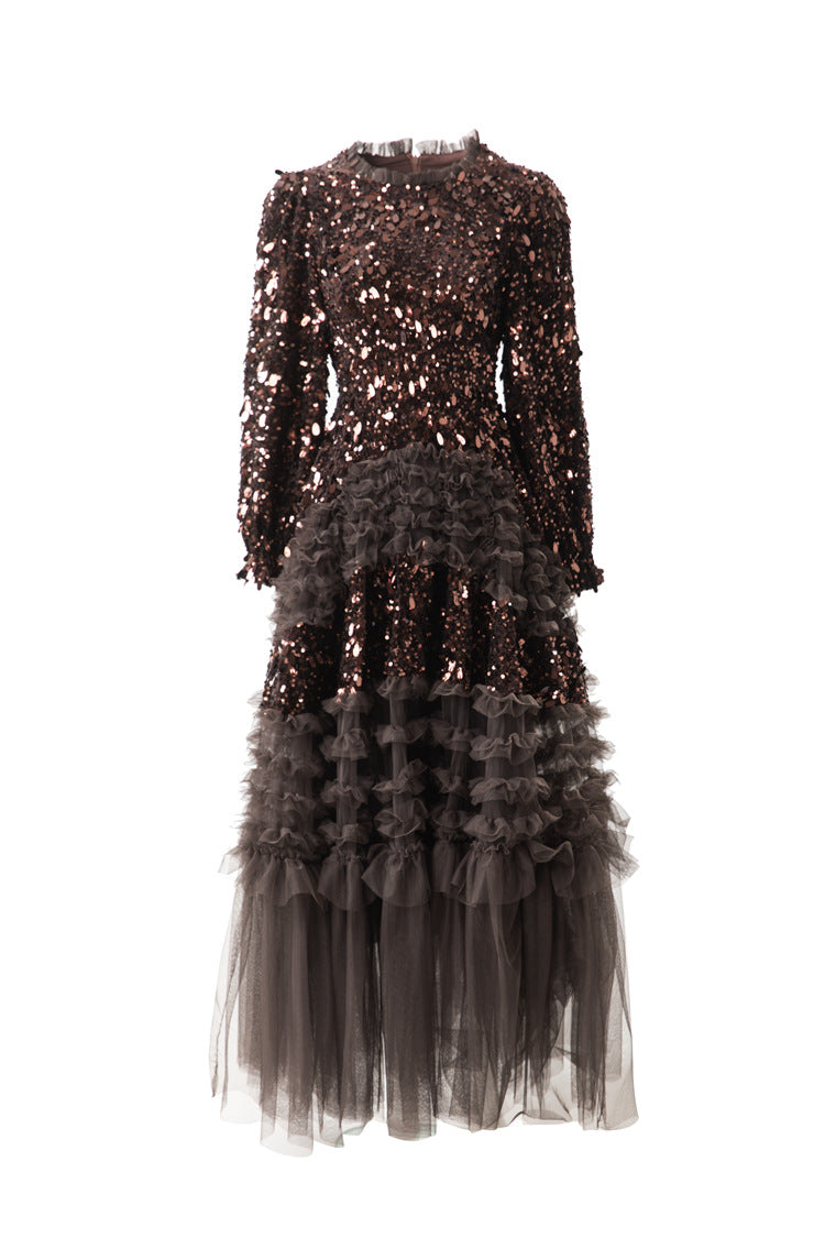 Burgundy Sequin Ruffled Tulle Tiered Maxi Evening Dress SP10016