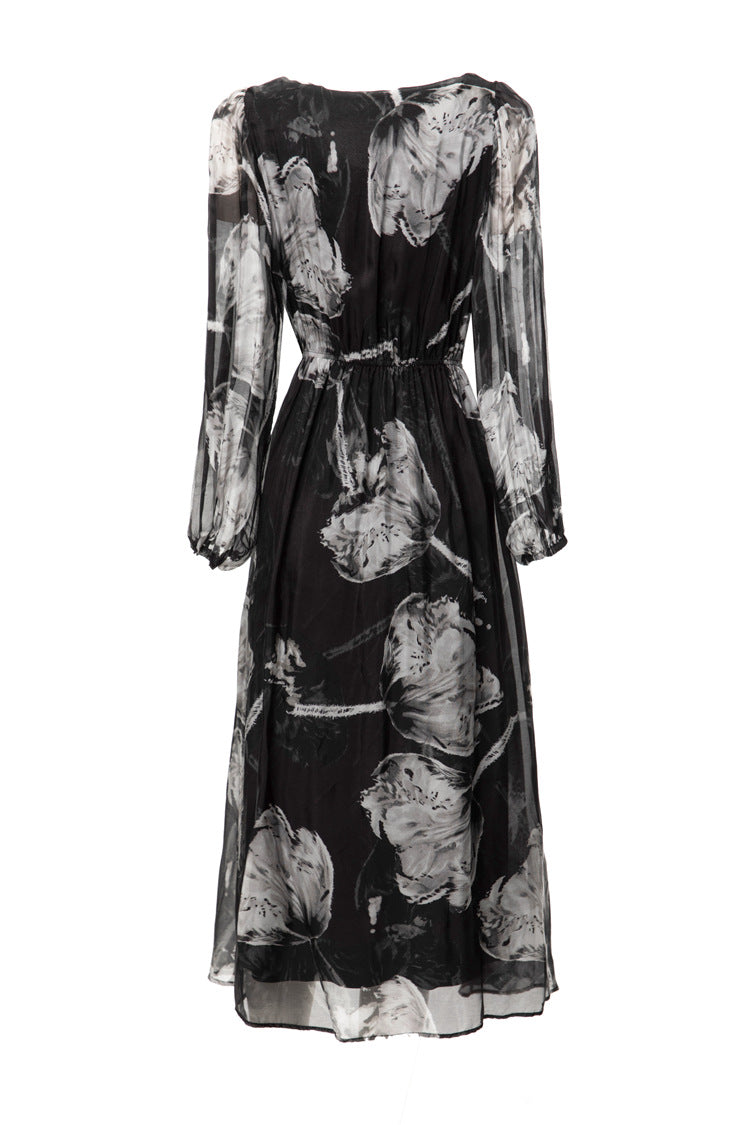 Silk Asymmetrical V-Neck Cinched Waist Midi Dress – French Luxury SP10029