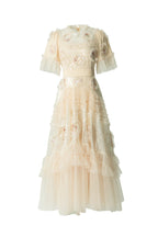 Sequin Floral Embroidered Tiered Tulle Maxi Dress – Ruffled Neck SP10037