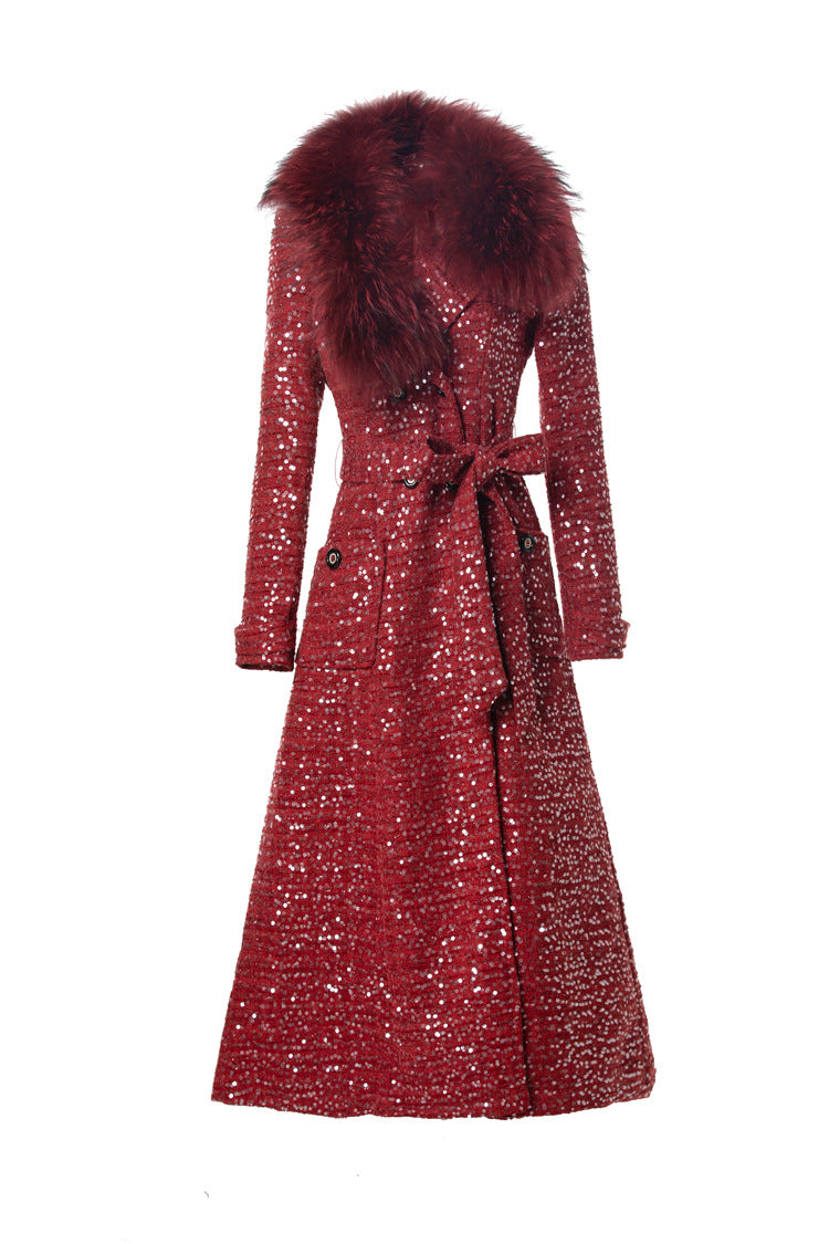 Sequin Embellished Belted Maxi Trench Coat – French Luxury Winter Overcoat SP10027