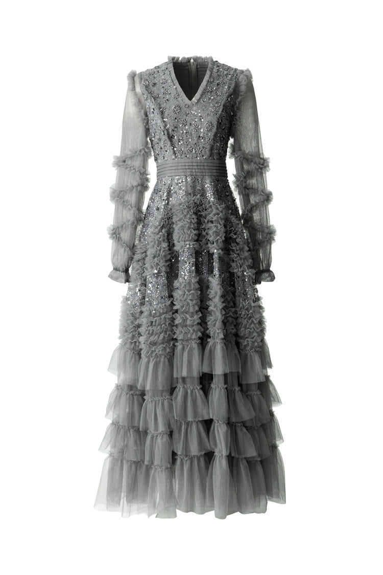 Sequin Embroidery Tiered Tulle Maxi Dress with Ruffled V-Neck SP10055