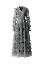 Sequin Embroidery Tiered Tulle Maxi Dress with Ruffled V-Neck SP10055
