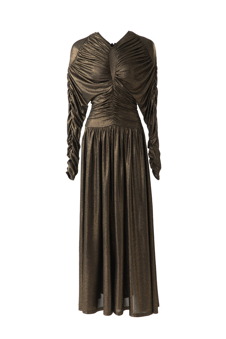 Metallic Ruched Waist Flared Maxi Dress SP10087
