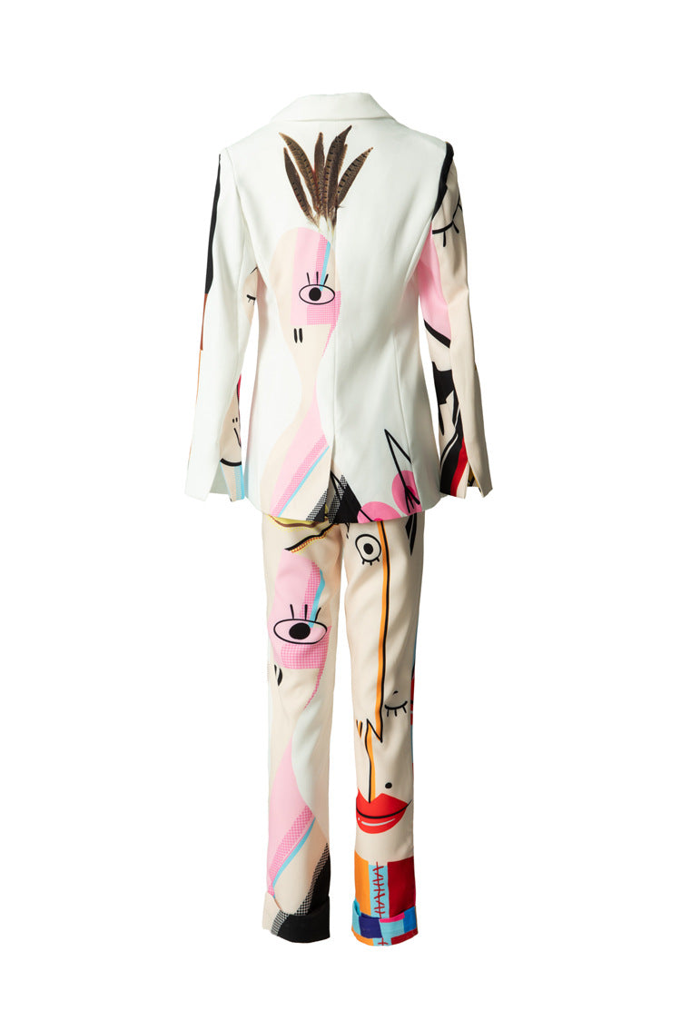 Abstract Face Print Blazer & Cropped Pants Two-Piece Set SP10052