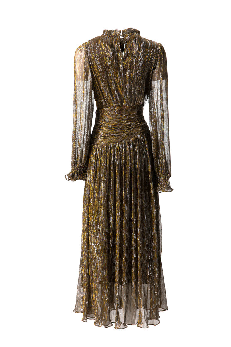 Burgundy Metallic Thread Ruched Waist Maxi Dress with Beaded Neckline