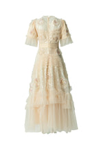 Sequin Floral Embroidered Tiered Tulle Maxi Dress – Ruffled Neck SP10037