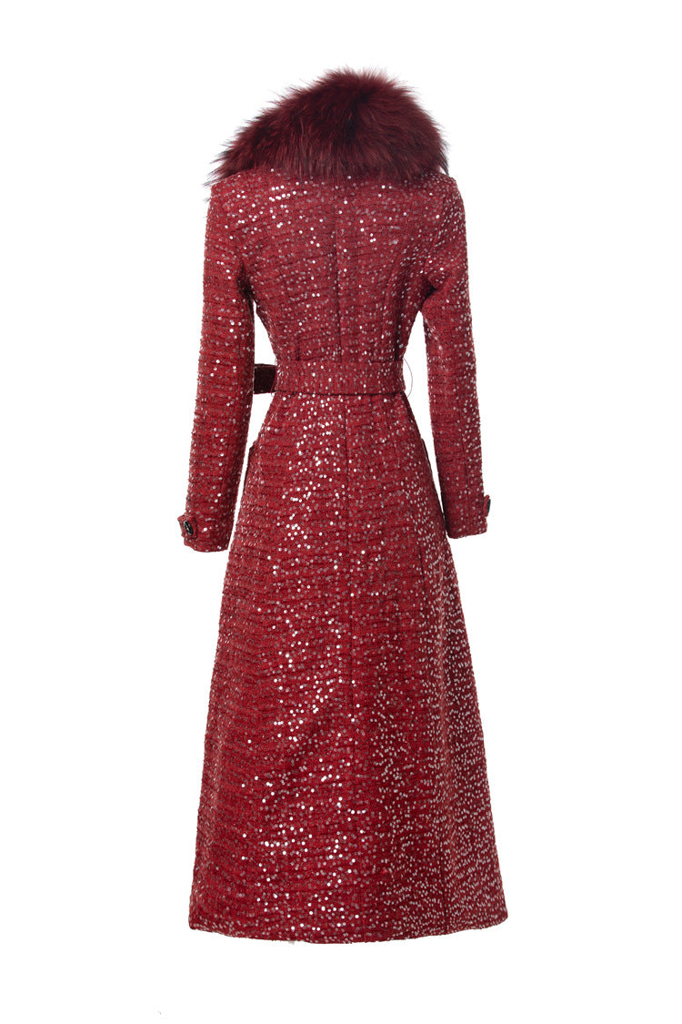 Sequin Embellished Belted Maxi Trench Coat – French Luxury Winter Overcoat SP10027