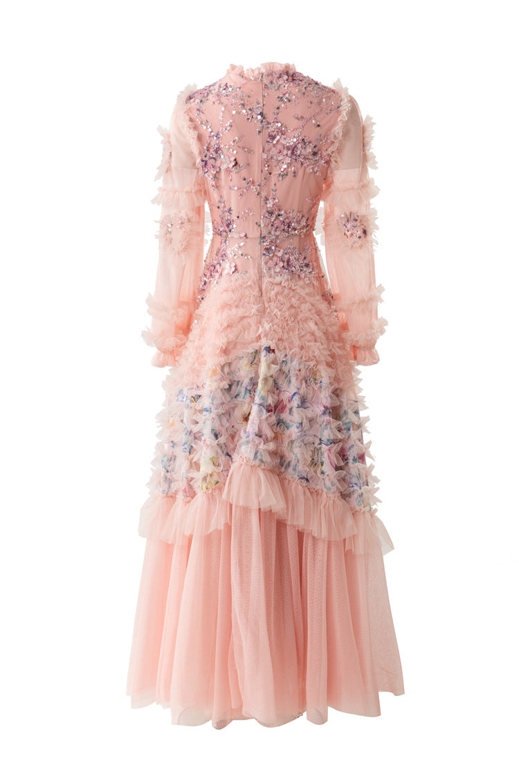 Ruffled High Neck 3D Floral Tiered Tulle Maxi Dress SP10083