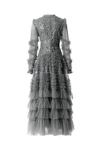 Sequin Embroidery Tiered Tulle Maxi Dress with Ruffled V-Neck SP10055