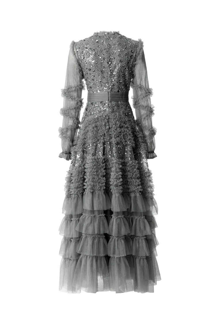 Sequin Embroidery Tiered Tulle Maxi Dress with Ruffled V-Neck SP10055