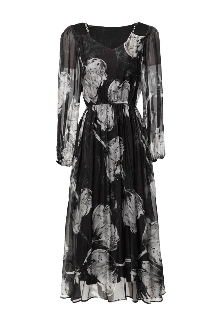 Silk Asymmetrical V-Neck Cinched Waist Midi Dress – French Luxury SP10029