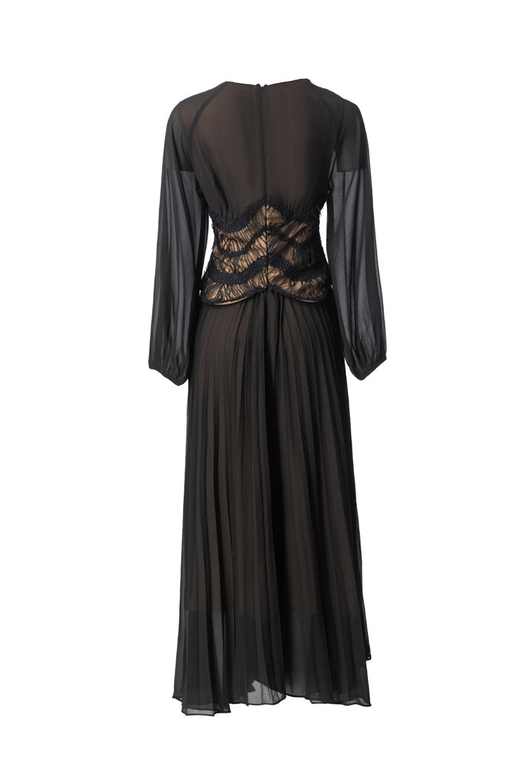 Sheer Puff Sleeve Embroidered Waist Pleated Midi Dress SP10094