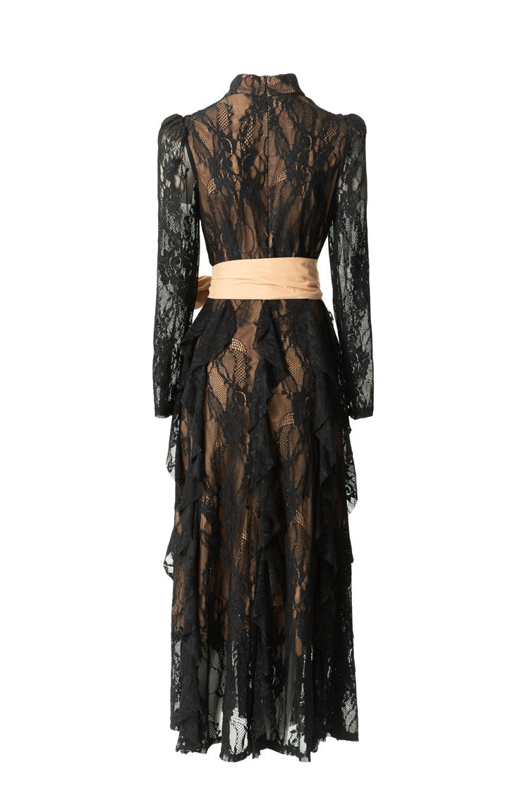 High Neck Lace Ruffle Hem Maxi Dress with Detachable Belt SP10045