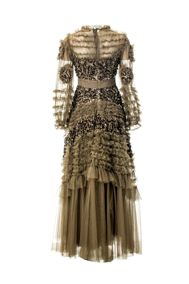 Caramel Sequin Ruffled Tulle Tiered Maxi Gown – Formal Evening Dress SP10005