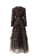 Burgundy Sequin Ruffled Tulle Tiered Maxi Evening Dress SP10016