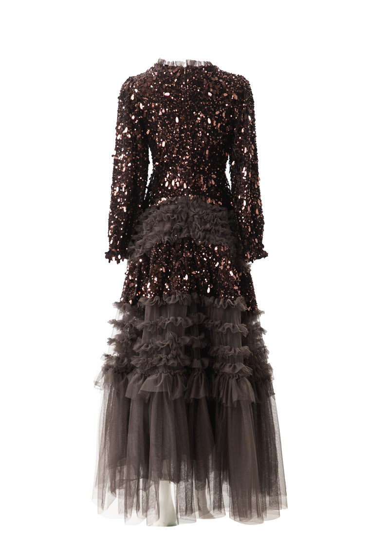 Burgundy Sequin Ruffled Tulle Tiered Maxi Evening Dress SP10016