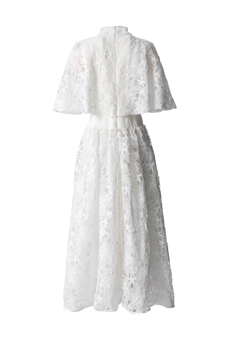 Satin Lace Patchwork Bow Tie Flare Sleeve Maxi Dress SP10057