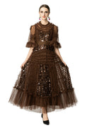 Brown Sequin Ruffled Tiered Organza Maxi Dress SP10061