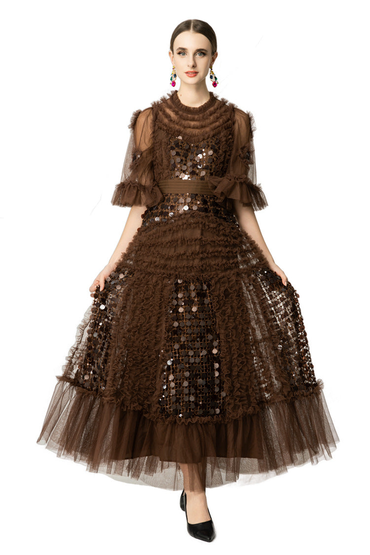 Brown Sequin Ruffled Tiered Organza Maxi Dress SP10061