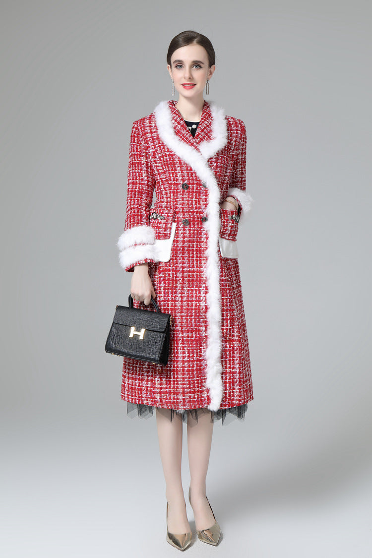 Plaid Tweed Faux Fur Trim Double Breasted Midi Coat SP10033
