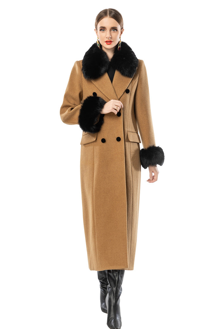 Camel Wool Blend Long Coat with Black Faux Fur Collar & Cuffs SP10112