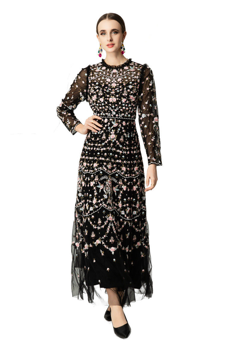 Black Floral Bird Embroidered Ruffled Neck Tulle Maxi Dress SP10036