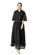 Satin Lace Patchwork Bow Tie Flare Sleeve Maxi Dress SP10057