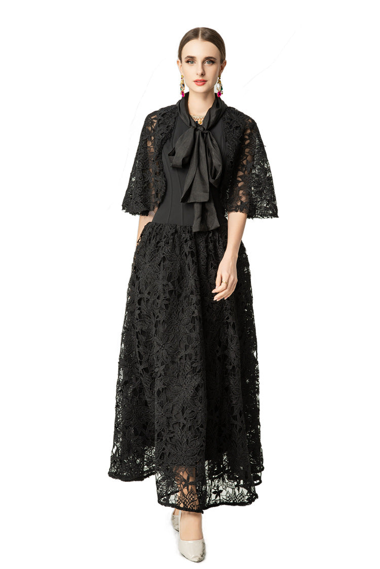 Satin Lace Patchwork Bow Tie Flare Sleeve Maxi Dress SP10057