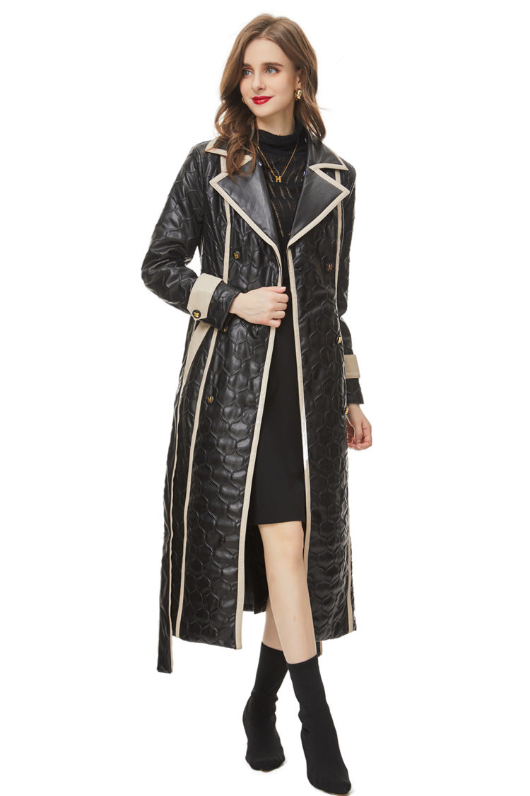 Black Quilted Faux Leather Contrast Trim Maxi Trench Coat SP10030