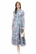 Light Blue Floral Ruffled Tulle Tiered Maxi Dress – French Fairy Style SP10011
