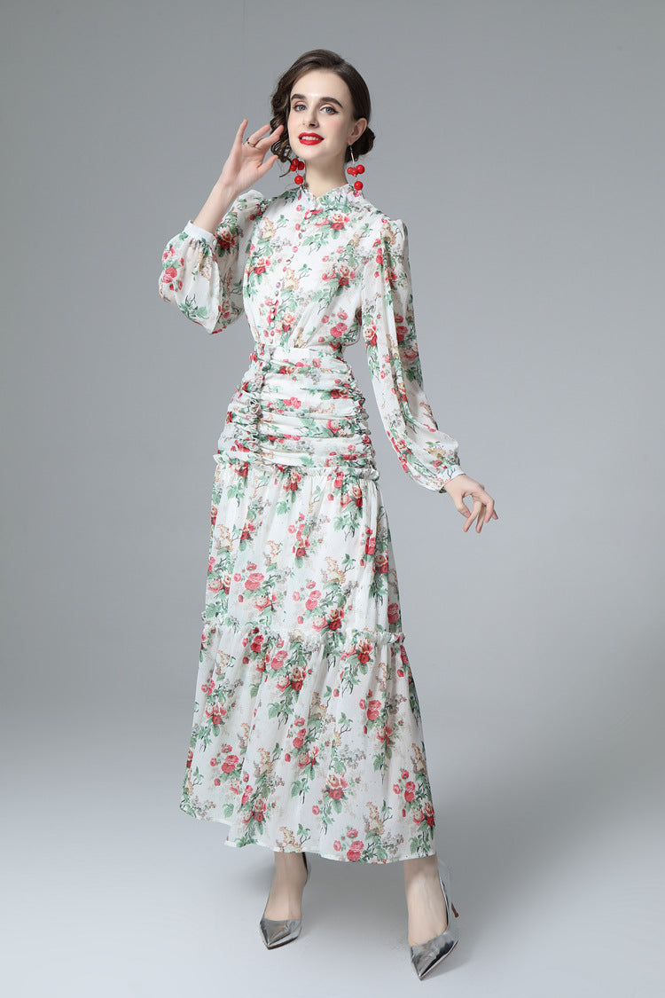 Floral Print Ruched Waist Tiered Chiffon Maxi Dress SP10032