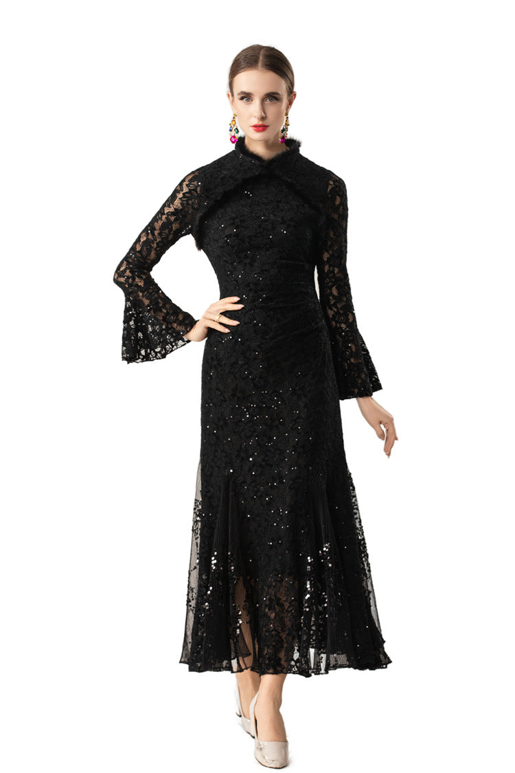 Furry Collar Sequin Lace Mermaid Maxi Dress SP10073