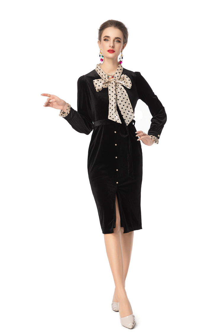Black Velvet Dress with Polka Dot Bow Neck & Pearl Buttons SP10106