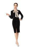 Black Velvet Dress with Polka Dot Bow Neck & Pearl Buttons SP10106