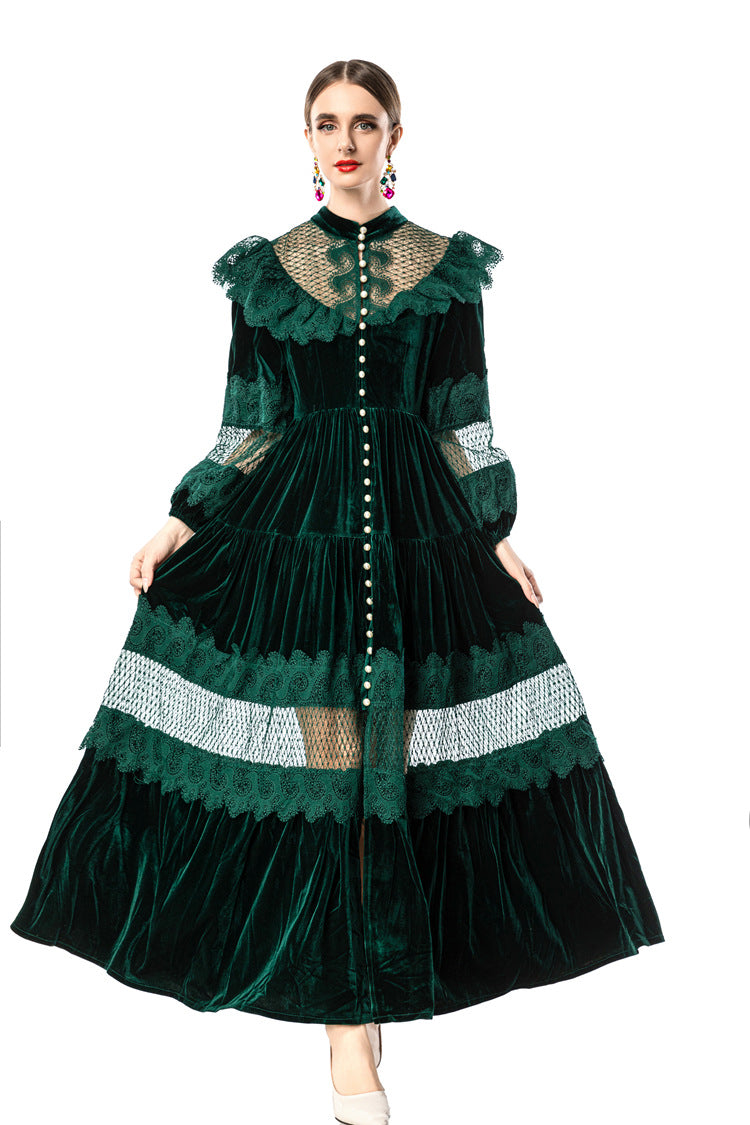 Women's Vintage Court Style Velvet Maxi Dress, Ruffle Lace Hollow Out Patchwork Long Sleeve Pearl Button Formal Evening Gown SP10103