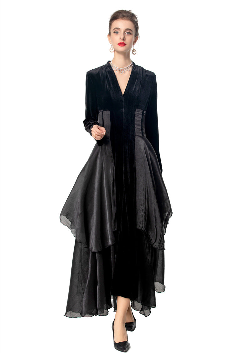 Black Velvet Layered Organza Maxi Dress – French Elegant Evening Gown SP10009