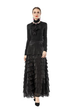 Black 2-Piece Ruffle Tiered Maxi Dress with Ruffle Neck Top SP10105