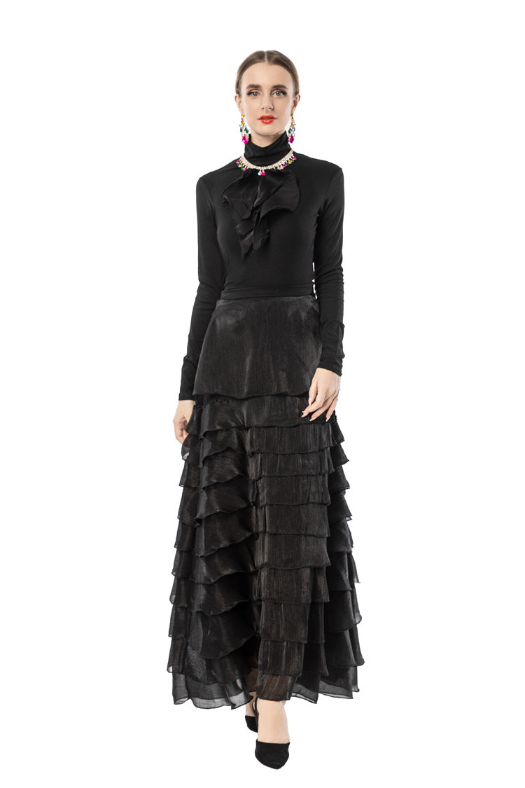Black 2-Piece Ruffle Tiered Maxi Dress with Ruffle Neck Top SP10105