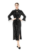 Velvet Polka Dot Lace Flare Sleeve Qipao Midi Dress SP10095