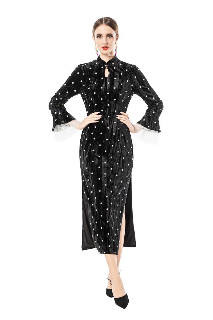 Velvet Polka Dot Lace Flare Sleeve Qipao Midi Dress SP10095