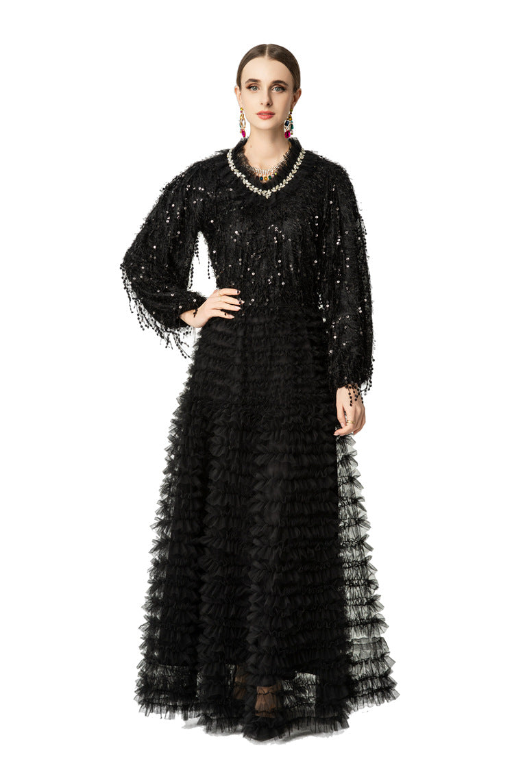 Black Sequin Fringed Tiered Tulle Maxi Dress SP10050