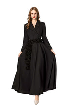 Black Suit Fabric Floral Applique A-Line Maxi Dress SP10022
