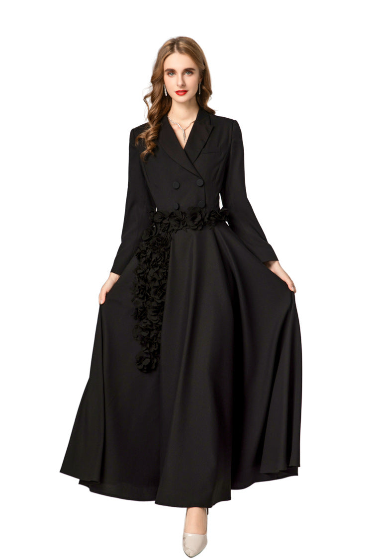 Black Suit Fabric Floral Applique A-Line Maxi Dress SP10022