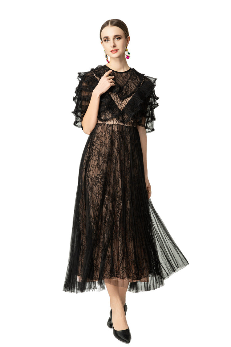 Black Lace Fake Two-Piece Ruffled Sleeve Maxi Dress SP10043