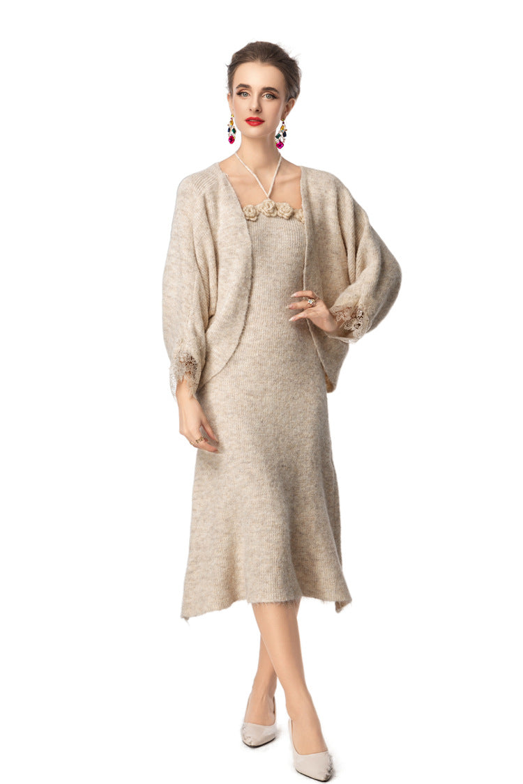 3D Floral Halter Dress & Lace Cuff Knit Cardigan Two-Piece Set SP10099