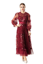 Burgundy Sequin Ruffled Tiered Tulle Midi Dress SP10076