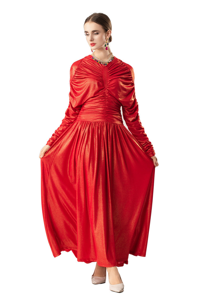 Metallic Ruched Waist Flared Maxi Dress SP10087