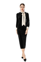 Women's Black Velvet Midi Dress with Pearl Collar & Contrast Bow Tie SP10108