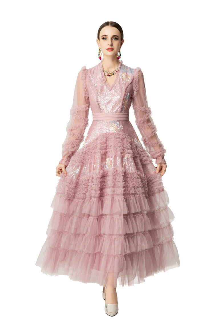 Sequin Embroidery Tiered Tulle Maxi Dress with Ruffled V-Neck SP10055